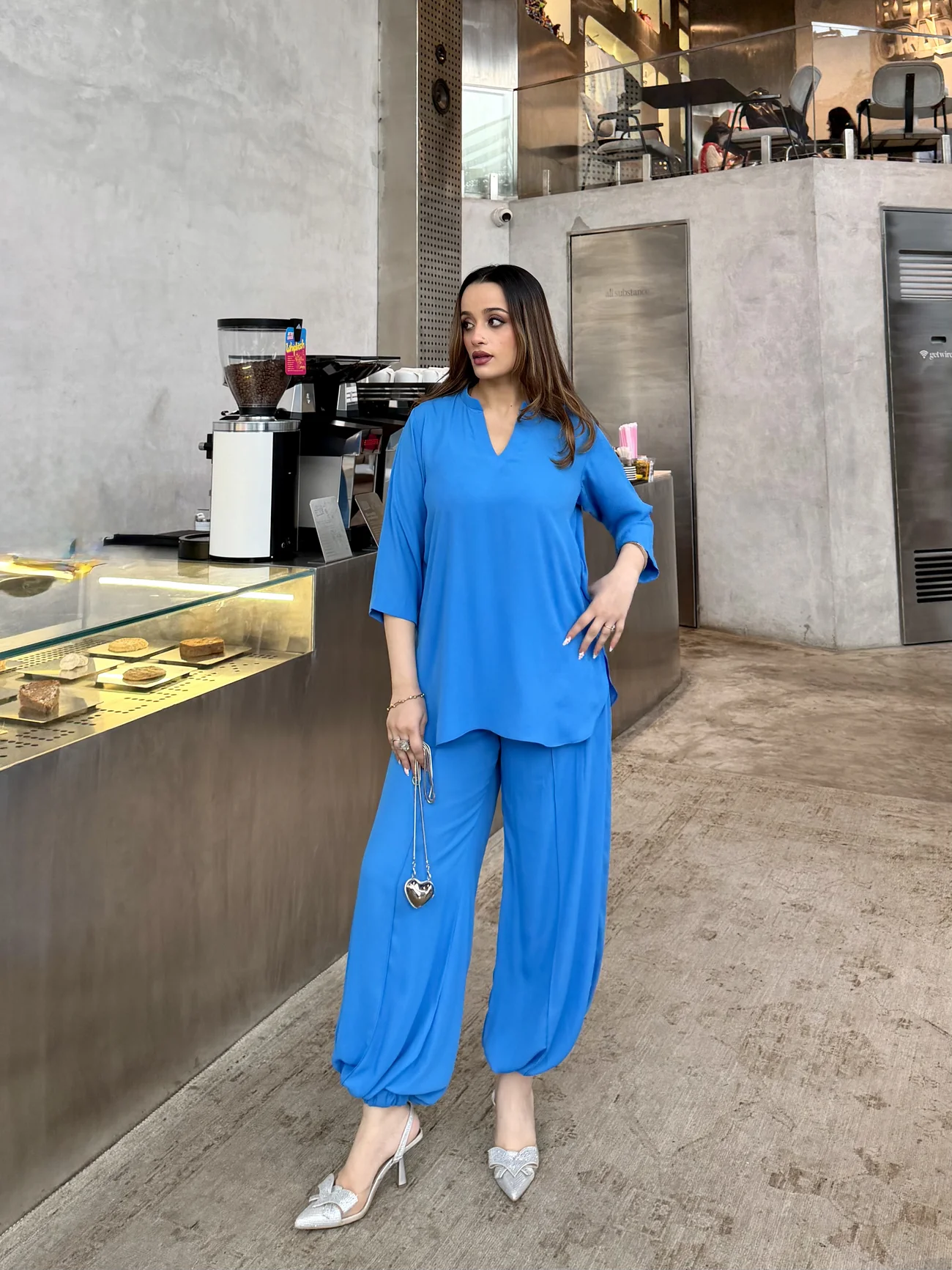 AZURE GRACE SET — royal blue co-ord set by BK ATELIERS, side view showing the drape of the trousers