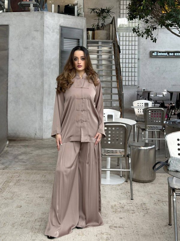 AUTUMN ELAN — mocha taupe co-ord set by BK ATELIERS, side view showing the drape of the trousers