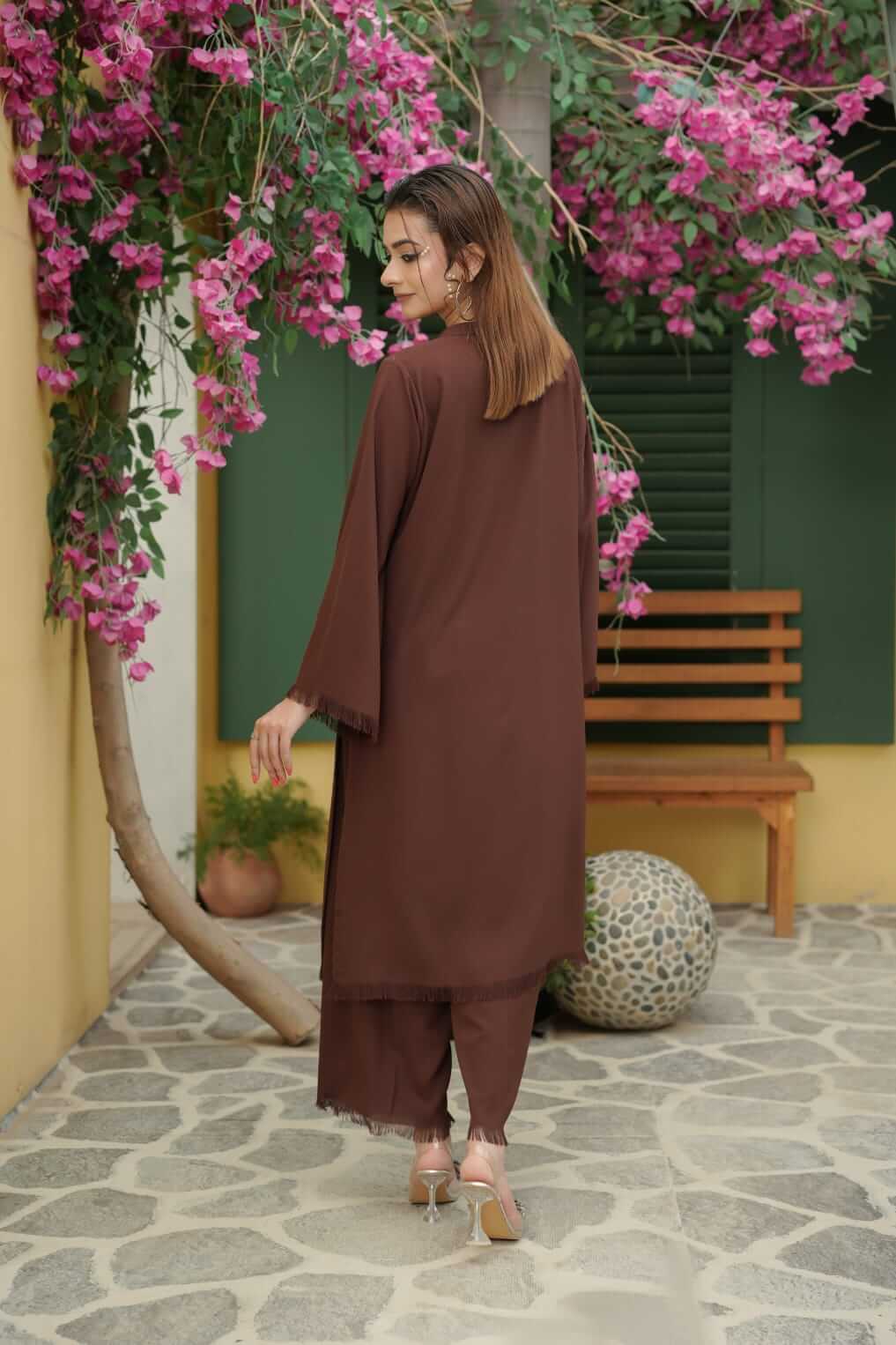SIENNA NOIR — espresso brown co-ord set by BK ATELIERS, detail of the fabric and finishing