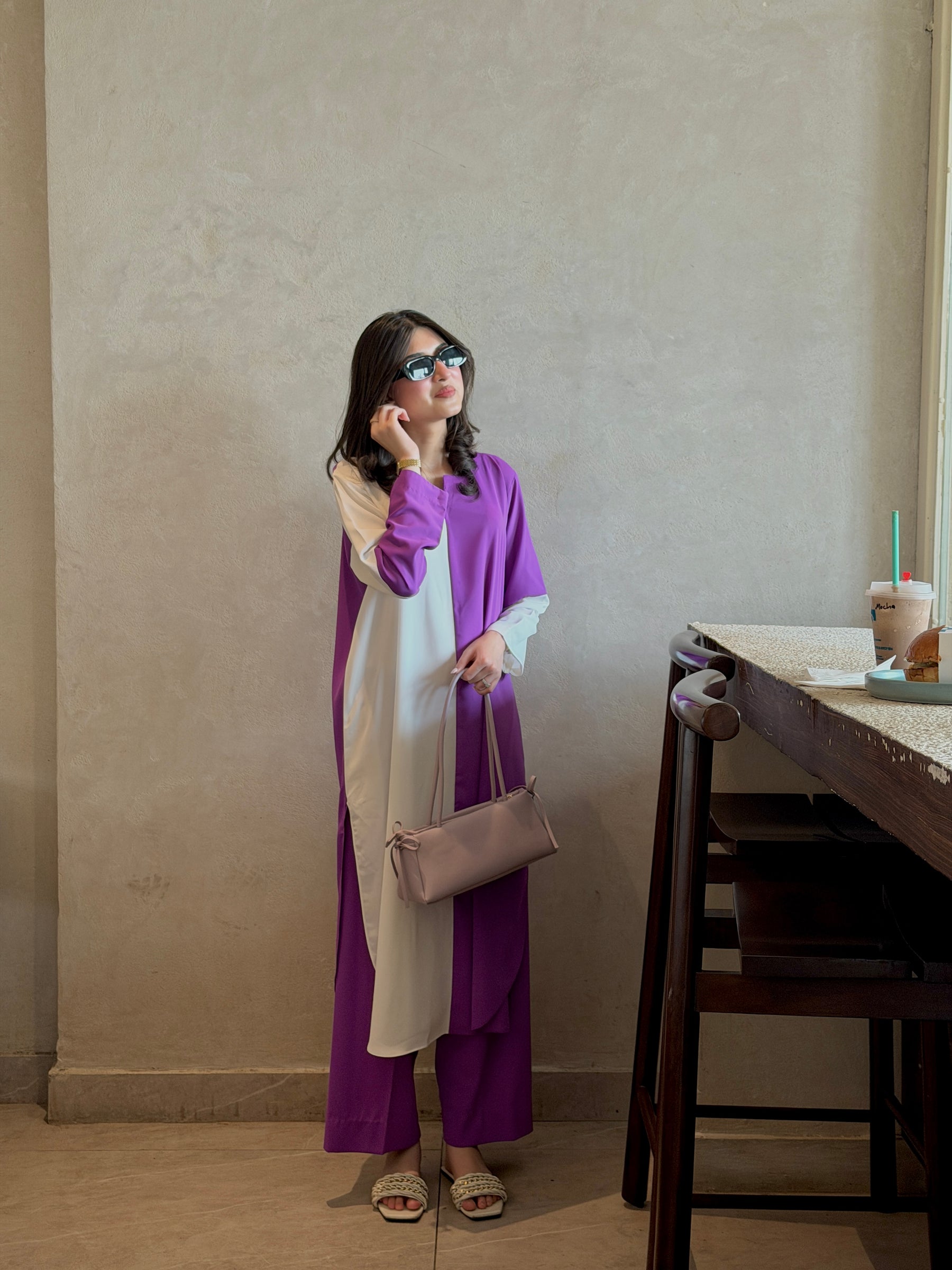AURELIA SET — ivory and purple co-ord set by BK ATELIERS, detail of the sleeve