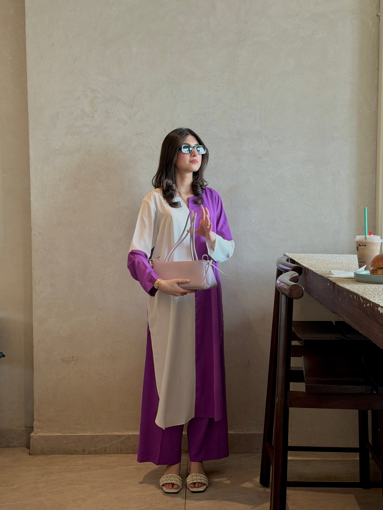 AURELIA SET — ivory and purple co-ord set by BK ATELIERS, detail of the fabric and finishing
