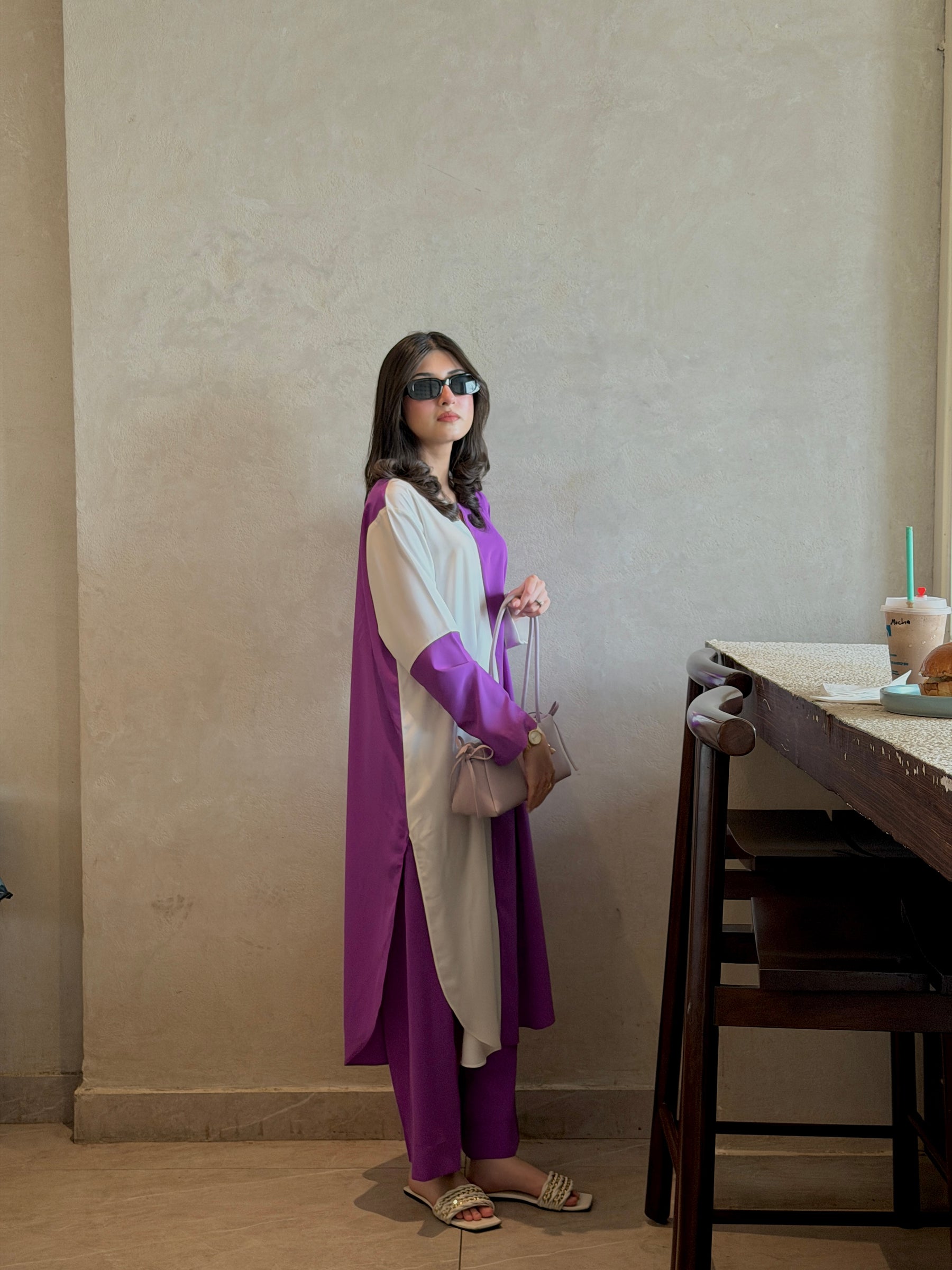AURELIA SET — ivory and purple co-ord set by BK ATELIERS, the set in natural light