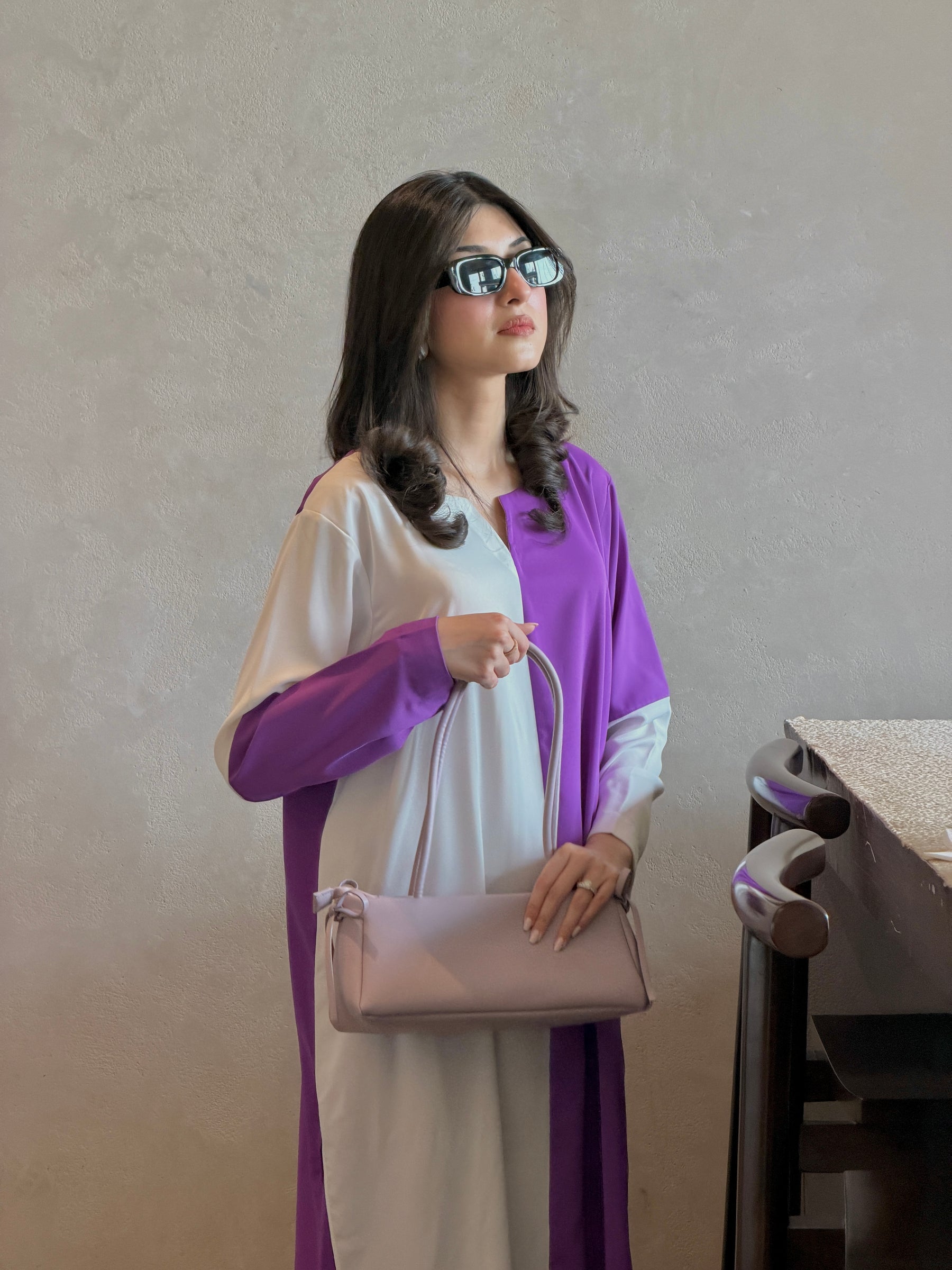 AURELIA SET — ivory and purple co-ord set by BK ATELIERS, close view of the collar and buttons